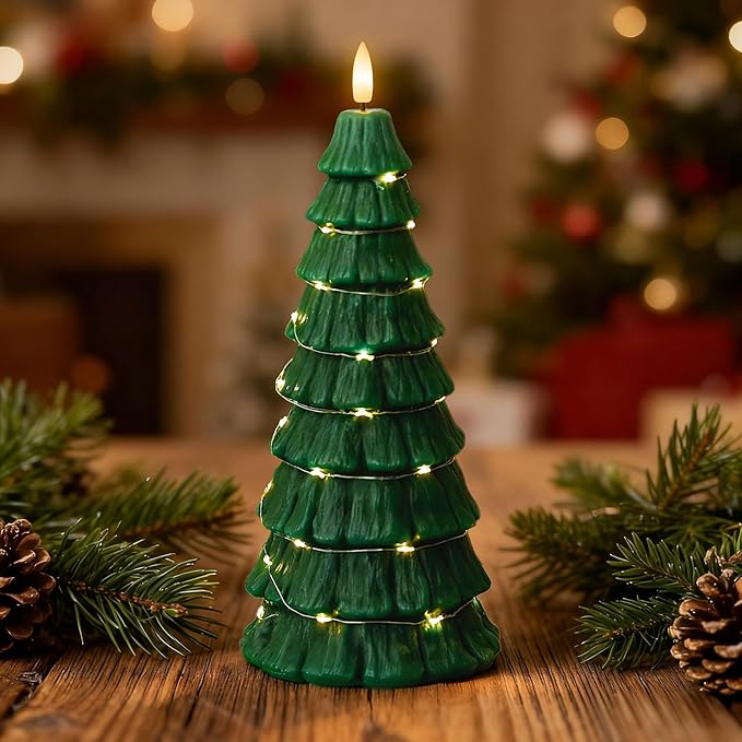 Christmas Tree Candles with Remote, Christmas Flameless Candles with Embedded Star String Fairy Lights, Battery Operated Candles, Flickering Xmas Flameless Candles for Table Decor