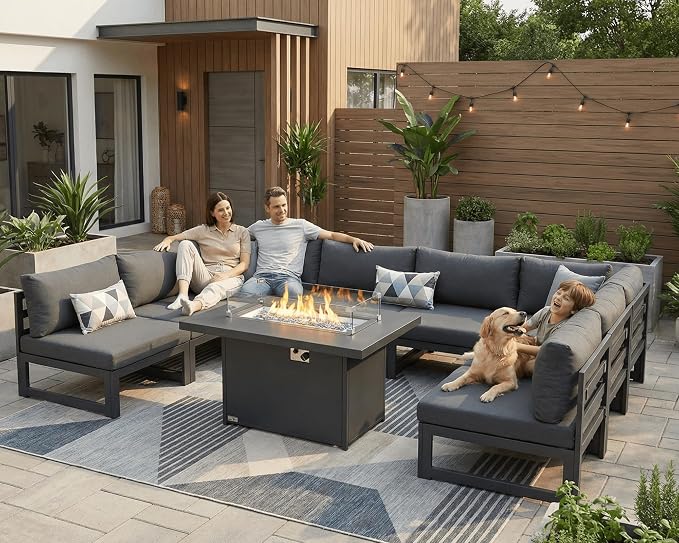 BULEXYARD 9 Pcs Modern Aluminum Outdoor Patio Furniture Set with Fire Pit Table Propane/Gas, Extra Large All-Weather Modular Sectional Couch, 29" Wide Deep Seat, Conversation Sofa for Deck, Dark Grey