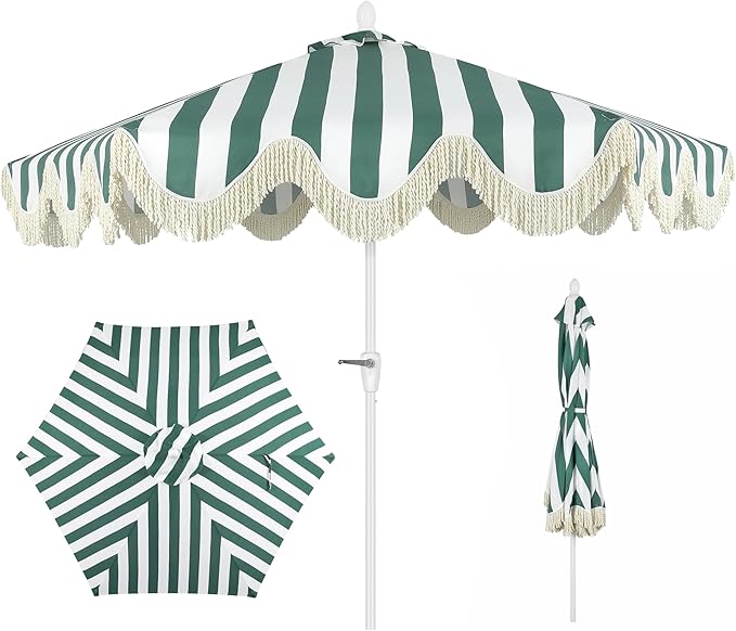JONATHAN Y UMB1001 Collins 9 ft. Classic Cottage Tassel Market Patio Umbrella with Auto-Tilt, Crank, Wind Vent and UV Protection