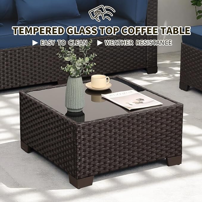 WAROOM Patio Furniture Set 4 Piece Conversation Sets Brown Rattan Outdoor Couch Loveseat Wicker Sectional Sofa with Storage Box Glass Top Table, Navy Blue Cushion