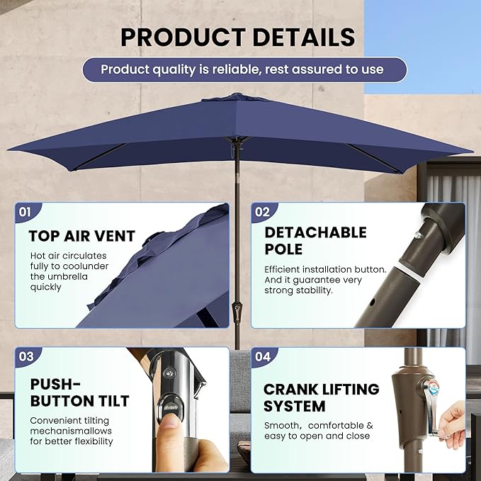 Ayge 6.5x10FT Rectangular Patio Umbrella Outdoor Table Umbrella w/Push Button Tilt & Crank Rectangle Market Umbrella UV Protection for Garden,Deck,Lawn,Yard & Pool,Navy