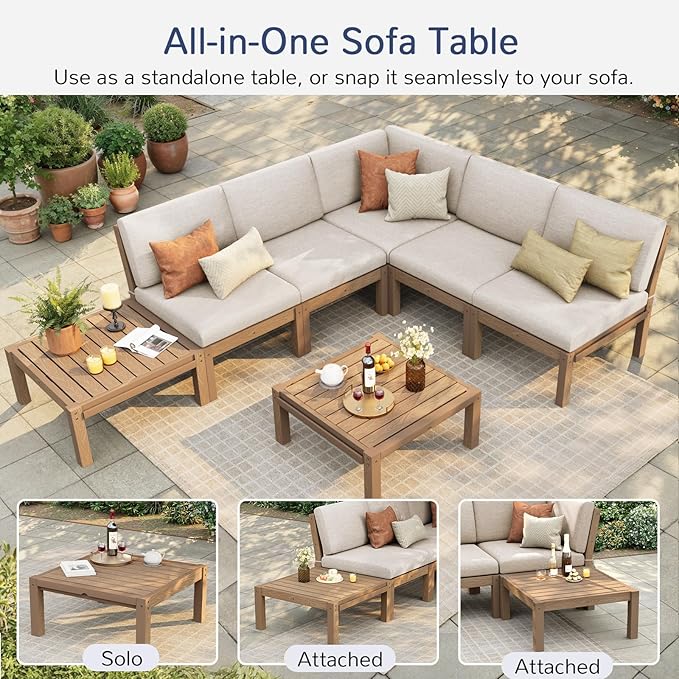 Stoog Modular Patio Furniture Set, 8-Piece All-Weather Convertible L-Shape Outdoor Sectional - Waterproof HIPS Frame with Quick-Dry Olefin Cushions, Teak
