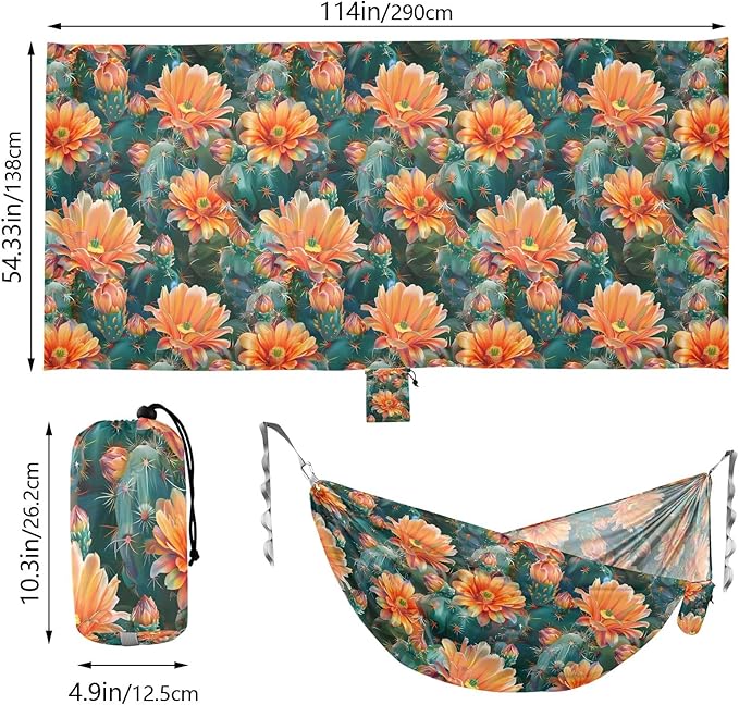 Camping Hammock Outdoor Hammocks for Outside Cactus Orange Flowers Beach Trees Portable Lightweight with Pockets Tree Straps Indoor