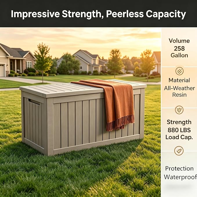 Large 258 Gallon Resin Deck Box, Heavy Duty Lockable Patio Storage Box Outdoor, Waterproof Tool Box for Garden Furniture Cushions & Pool Supplies, Wood Grain Outdoor Storage Bench for Backyard