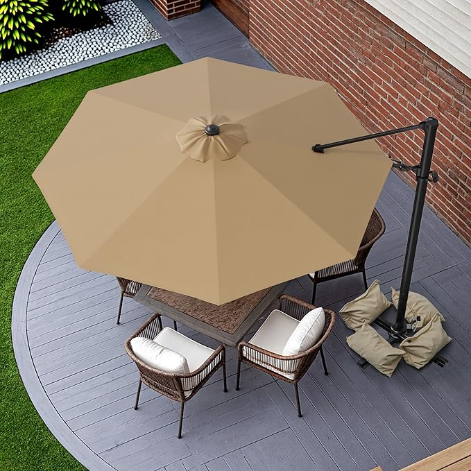 Greesum 10FT Outdoor Patio Umbrella with High Pedel and 4 Gear Heights, Large Offset Market Umbrella with 360-degree Rotation, Without Base, Hanging Outdoor Shade for Garden, Lawn, Pool, Brown