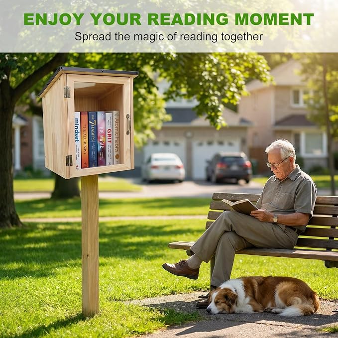 Little Library Outdoor Bookcase - Weatherproof Wooden Book Exchange Box with Visual Window, Large Capacity (Holds 15+ Books), Rain-Slope Roof for Backyard, Garden, Community & School Wooden Color
