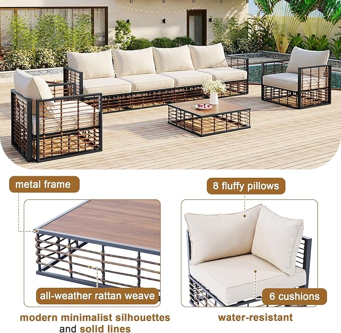 7-Piece Metal Patio Sectional Sofa Set, Free Combination Sofa Set with Coffee Table, All-Weather Garden Conversational Furniture Set with Thick Cushions and 8 Pillows (Dark Gray Frame+Beige Cushion)