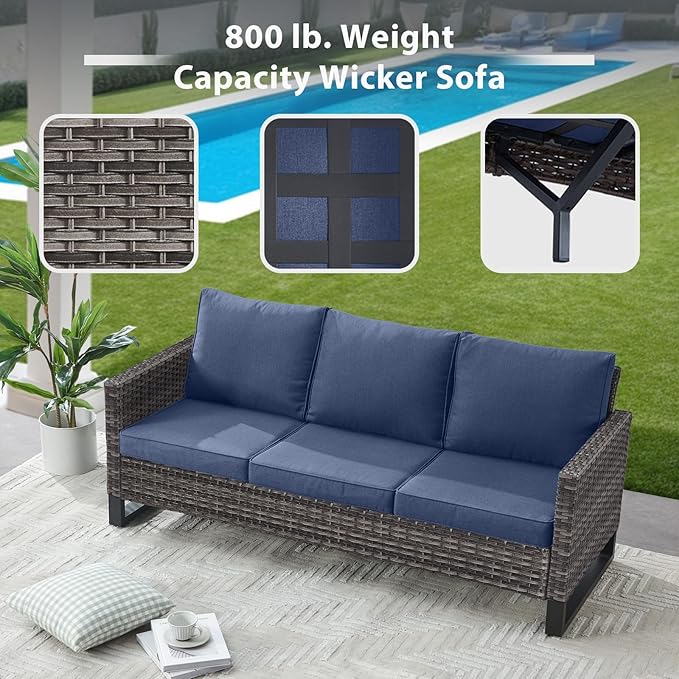 4 Piece Wicker Patio Furniture with Fire Pit Table - Outdoor Conversation Set with 50,000 BTU Fire Pit, All Weather Rattan Patio Set for Deck Backyard Garden - Grey Wicker Blue Cushion