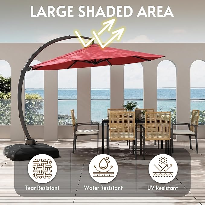 11FT Cantilever Patio Umbrella with Base Included, Large Cantilever umbrella with 360°Rotation, Heavy-Duty Offset Outdoor Umbrella for Patio,Pool,Garden and Backyard (Red)