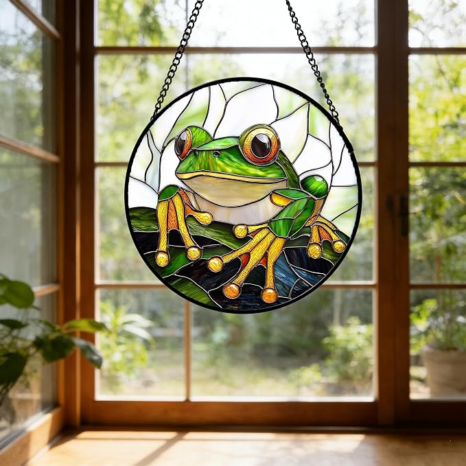 DASTOLL Stained Glass Window Hanging, Green Frog White Petals Sun Catchers Colorful Glass Panel Cute Suncatcher Decor for Birthday for Women, Men, Wife, Aunt, and Mom 14.9x14.9 in