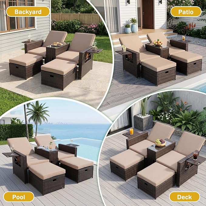 LVUYOYO 5 Piece Patio Furniture Set, Patio Wicker Conversation Set with Ottoman, Outdoor Chaise Lounge Chair with Side Table & Adjustable Backrest for Pool Backyard Garden (Brown Wicker Khaki Cushion)