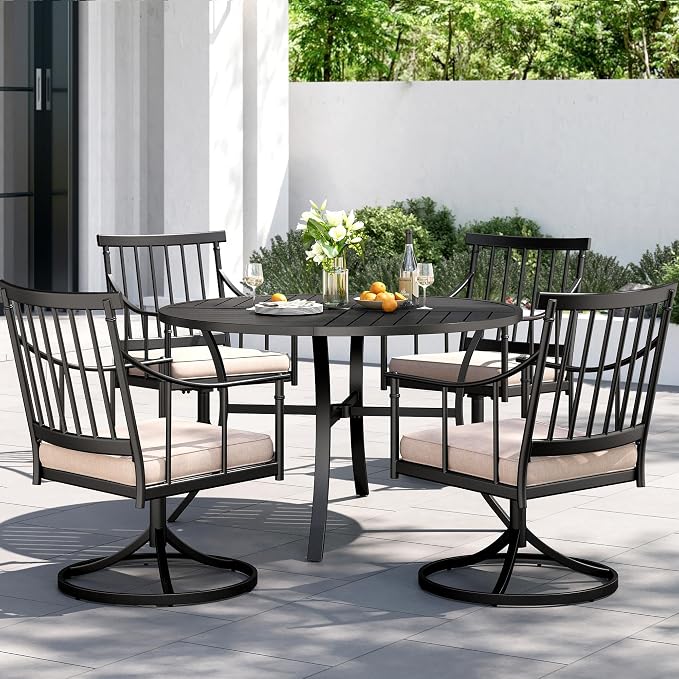 PHI VILLA Patio Dining Set, Swivel Chairs, 42" Round Metal Table | Metal chairs, 1.57" umbrella hole, 360° swivel, Cushions