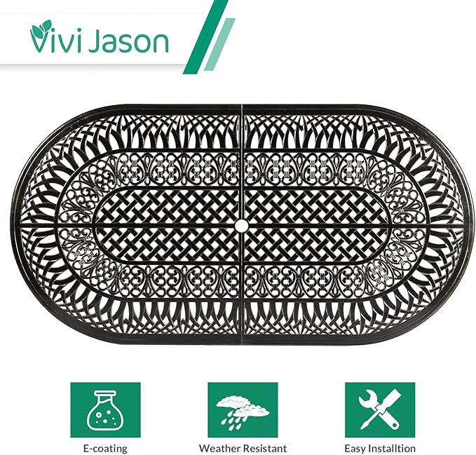 VIVIJASON 9-Piece Patio Furniture Dining Set, All-Weather Cast Aluminum Outdoor Conversation Set, Include 8 Chairs and an Oval Table with Umbrella Hole for Balcony Lawn Garden Backyard