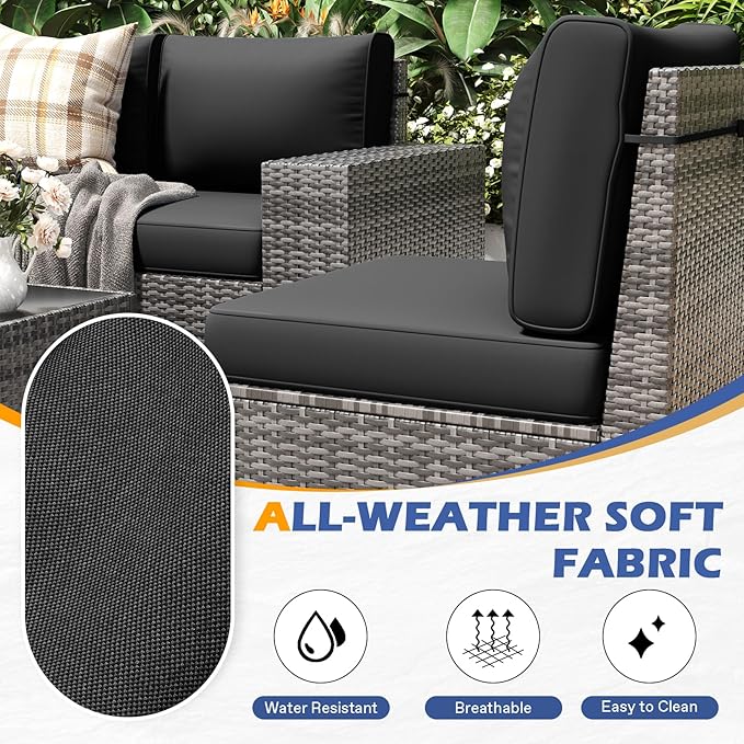 6 Pieces Outdoor Patio Furniture Set with Table Gray Rattan Sectional Sofa Conversation Sets for Balcony Lawn and Garden (Black, 6 pcs w/Table)