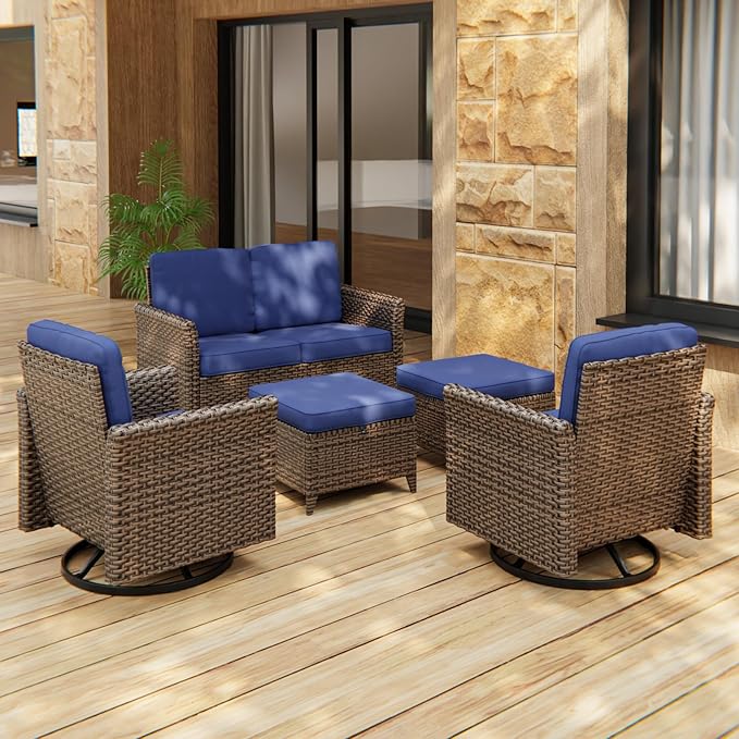 COOS BAY Harbor Retreat 5 Piece Outdoor Furniture Set, Patio Conversation Set with Swivel Rocking Chairs, 2 Seat Loveseat and Ottomans, Wicker Furniture, Brown/Blue
