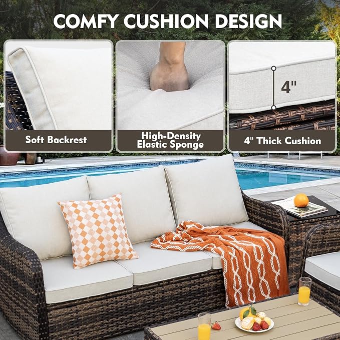 MEISSALIVVE Patio Furniture Set with Swivel Rocking Chairs, 8 Pieces Patio Conversation Set, Outdoor Wicker Sofa Couch with Waterproof Cushions for Lawn Backyard Porch (Brown)