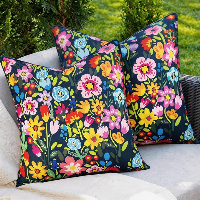 Adabana Spring Summer Outdoor Waterproof Floral Pillow Covers Set of 2 Square Colorful Couch Cushion Cases Waterproof Decorative Pillows for Patio Garden Beach, Green Floral