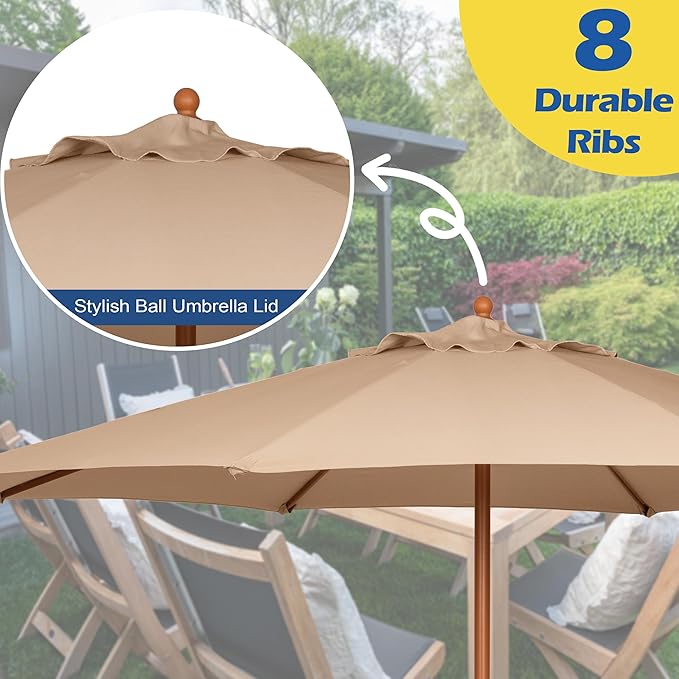 Sunnyglade 9FT Outdoor Patio Umbrella, Market Table Umbrella with 8 Sturdy Ribs and Crank System, Fade-resistant & Waterproof for Garden Backyard Poolside Deck