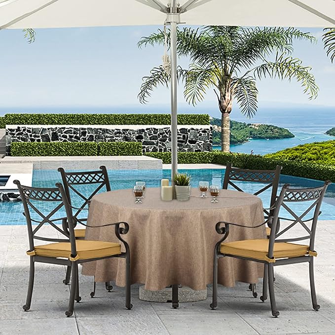 Outdoor Tablecloth Wrinkle-Free Stain Resistant Waterproof Polyester Fabric Table Cover with Zipper Umbrella Hole for Picnic/Party/Dinner/Patio Garden(60inch Round,Zippered,Flax)