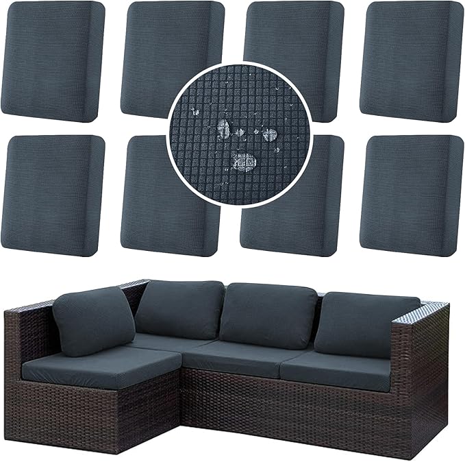CALBODE 8Pcs Stretch Couch Cushion Covers, Water Resistant Outdoor Sofa Cuhsion Cover Replacement,Washable Outdoor Patio Chair Seat Cushion Covers for Furniture Protect (Charcoal Gray, Grid Textured)