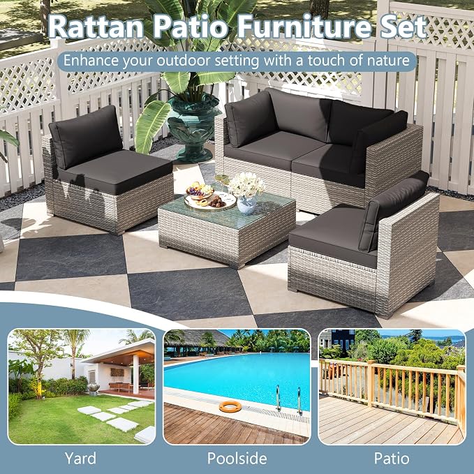 RELAX4LIFE 5-Piece Patio Furniture Set - Wicker Rattan Outdoor Sectional Sofa w/Glass-Top Coffee Table, Soft Seat & Back Cushions, Bistro Conversation Set for Garden Backyard Porch (1, Black)