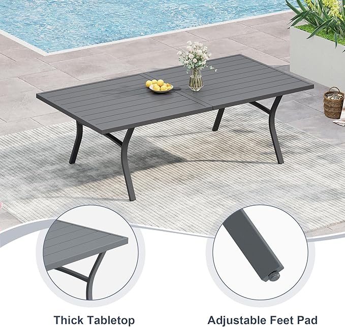 VICLLAX Patio 7 Pieces Outdoor Dining Set for 6, 63" Outdoor Rectangular Metal Dining Table with Umbrella Hole, 6 Stackable Chairs for Lawn, Garden, Porch, Grey