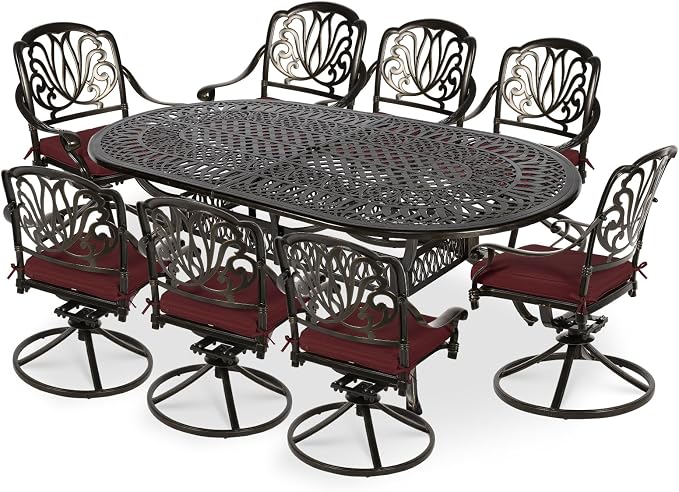 VIVIJASON 9-Piece Patio Furniture Dining Set, All-Weather Cast Aluminum Outdoor Conversation Set, Include 8 Swivel Dining Chairs and an Oval Table with Umbrella Hole for Garden Backyard, Red Cushion