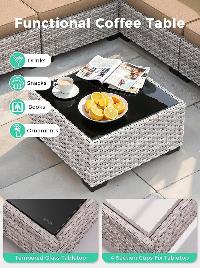16 Piece Outdoor Wicker Sectional Sofa Set with Swivel Chairs & Fire Pit Table, 12-Seats with 4" Thickened Cushions & Coffee Table, All-Weather PE Rattan for Garden, Backyard, Porch, Beige
