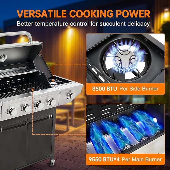 4 Burner Propane Gas Grill with Side Burner, Stainless Steel BBQ Grill 48,500 BTU for Outdoor Cooking Kitchen, Garden and Patio Backyard Barbecue, Dark Black and Silver