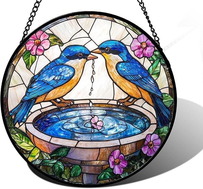 DASTOLL Stained Glass Window Hanging, 2 Blue Birds Suncatcher Diamond Glass Panel Hangings Bird Lover Sun Catchers Decor for Birthday for Women, Men, Wife, Aunt, and Mom 6.3 in