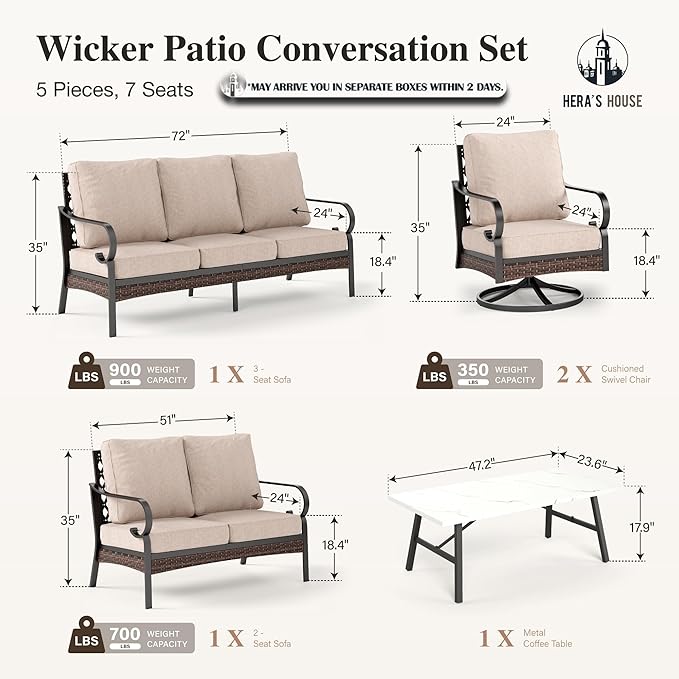 HERA'S HOUSE 5 Pieces Metal Patio Furniture Set, 7 Seats All Weather Outdoor Conversation Set, 3 Seat Sofa with Loveseat, 2 Swivel Chairs, Coffee Table for Backyard, Garden, Deck, Beige