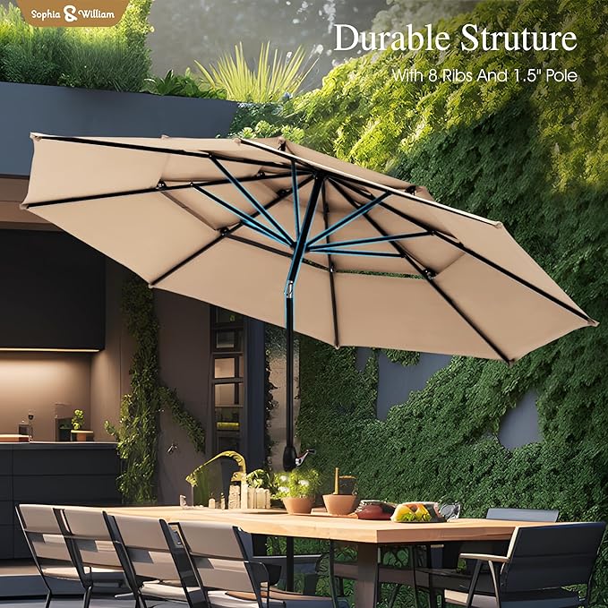 Sophia & William 10ft 3 Tier Auto-tilt Patio Umbrella,Wind Resistent,Outdoor Patio Umbrellas Double Vented Umbrella with Crank for Pool Garden Backyard, Beige