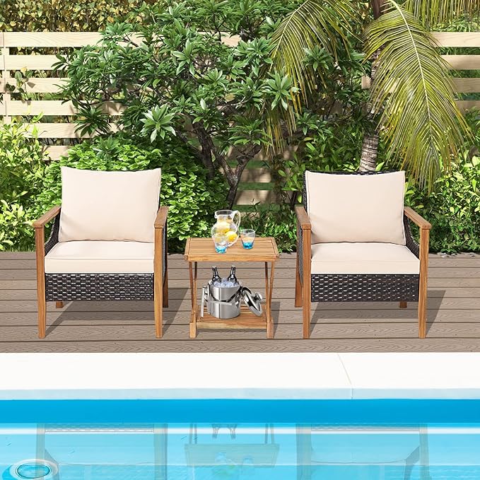 Tangkula 3 Pieces PE Wicker Patio Bistro Set, Outdoor Acacia Wood Conversation Set with Cushions and 2-Tier Coffee Table, Outdoor Patio Porch Furniture Set (Natural)