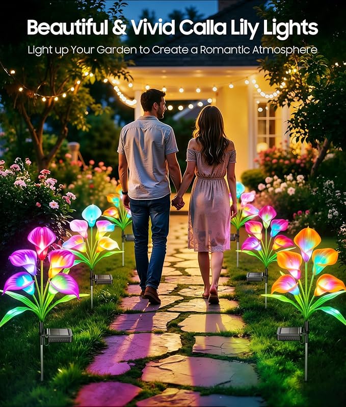 KOOPER Solar Lights Outdoor Decorative, 4 Pack Color Changing Solar Garden Lights With 20 Calla Lily Flower Lights, Solar Flowers Outdoor Waterproof IP65 For Yard Lawn Garden Decor, Gift For Women Mom