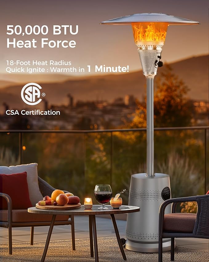 50,000 BTU Patio Heater for Outdoor Use, Portable Propane Patio Heater with Wheels, Stainless Steel Burner for Porch Deck Garden (Basic Grey)