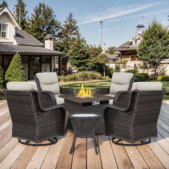 Patio Luxury Conversation Set 6PCS Resin Wicker Swivel Chairs Set, 4 Swivel Patio Chairs with Rattan Side Table and 30in Square Wicker Fire Table Set Brown Wicker|Beige Cushions