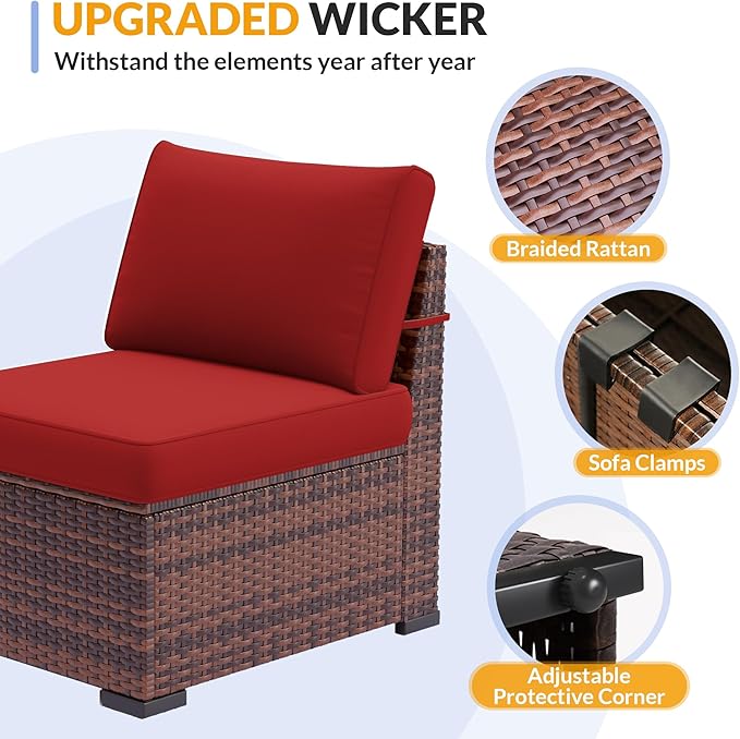 Patio Furniture Set, 7 Pieces Outdoor Modular Conversation Set Wicker Sectional Sofa for All Weather Rattan Patio Couch for Porch Garden Backyard Balcony Poolside (Red)
