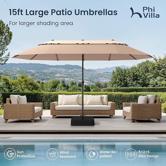 PHI VILLA 15ft Large Patio Umbrellas with Base Included, 2-Tier Outdoor Double-Sided Rectangle Market Umbrella with Stand, Outside Umbrellas for Poolside Lawn Backyard, Beige&Tan