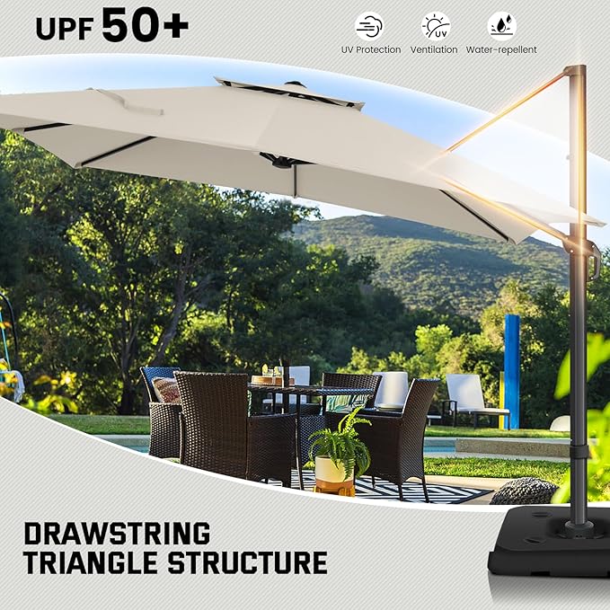 Hoteel 10ft Patio Umbrella Heavy Duty Aluminum Windproof & Shade Provision Outdoor Cantilever Double Top Offset Large Umbrella Height Adjustable with 360°Rotation for Patio Pool Deck Gazebo, Beige
