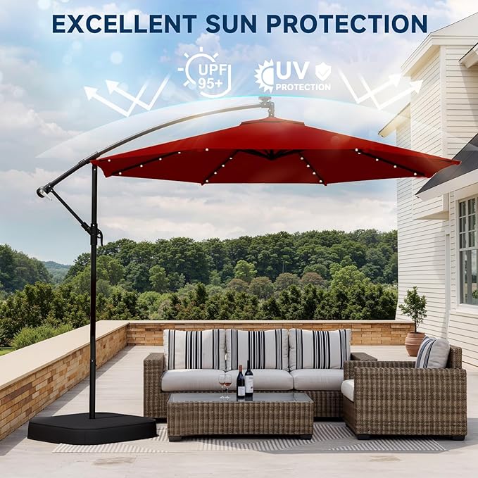 10FT 40-LED Solar Lighted Patio Umbrella with Base Included, Outdoor Offset Cantilever Umbrella, Infinite Tilt, UV Protection for Backyard, Lawn, Garden & Pool