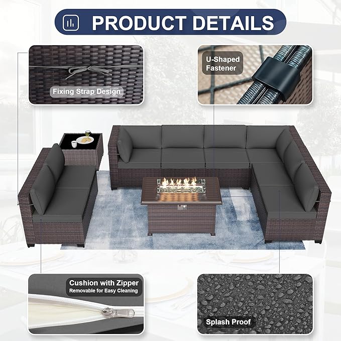 Patio Furniture Sectional Sofa Set 13-Pieces PE Rattan Swivel Rocking Chairs Patio Conversation Set w/43in Gas Fire Pit Table, Outdoor Furniture with Coffee Table, Grey