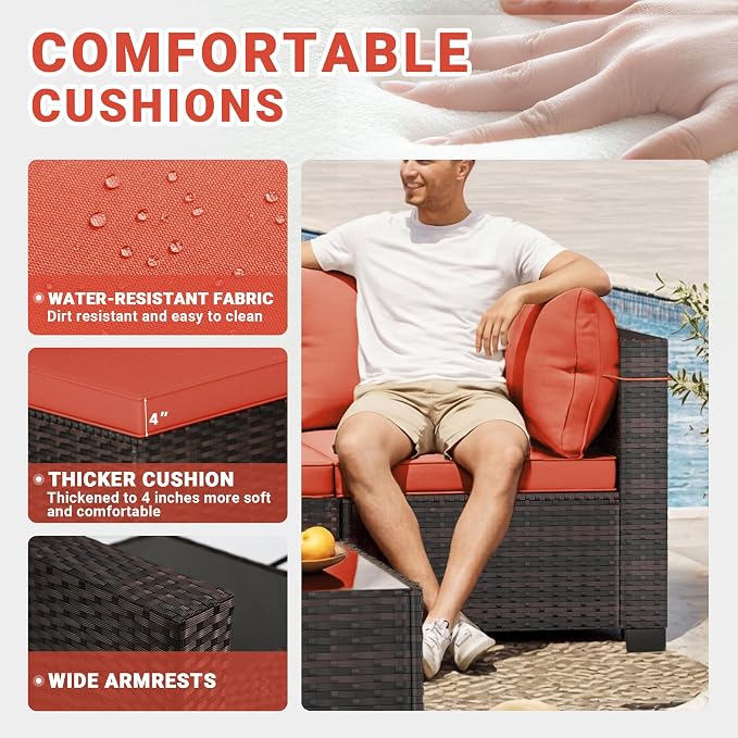 CHABATREE 7-Piece Outdoor Patio Furniture Sets, Manual Weaving Rattan Conversation Sectional Sofa with Tempered Glass Coffee Table, All-Weather PE Wicker & Thick Cushions for Garden, Backyard, Porch