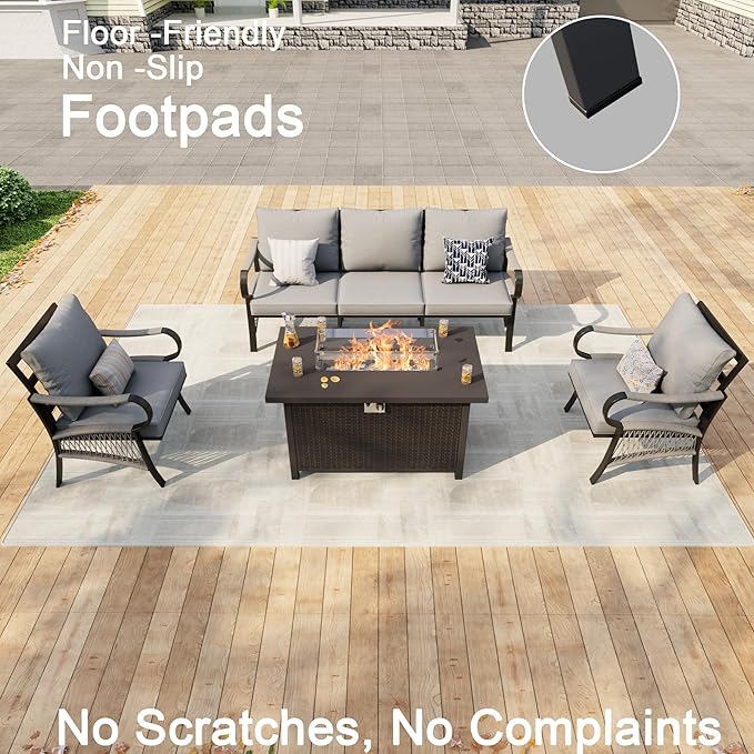4 Pieces Patio Furniture Set, Metal Outdoor Conversation Sets with Fire Pit Table for Backyard Garden Deck Porch Poolside (Thick Gray Cushions)
