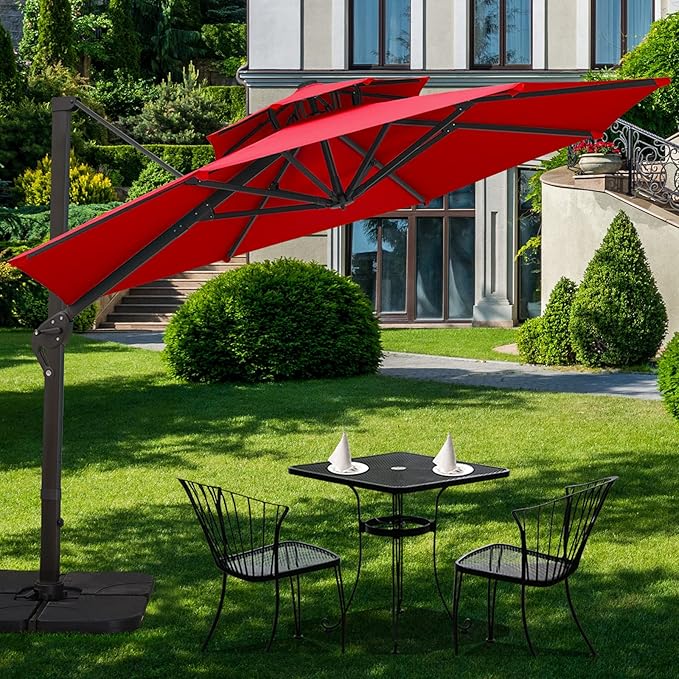 Sunnyglade 11FT Double Top Cantilever Patio Umbrella Deluxe Offset Umbrella 360° Rotation & Integrated Tilting System Heavy Duty Outdoor Umbrella for Market Garden Deck Pool Backyard Patio(Red)