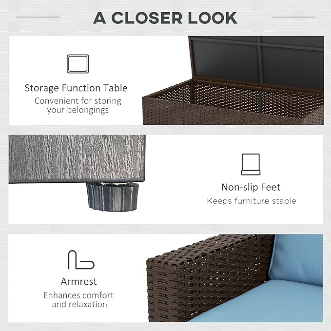 Outsunny 5 Piece Patio Furniture Set with Storage Bin Coffee Table, Wide Deep PE Rattan Wicker Outdoor Conversation Sofa Set with Cushions, Blue