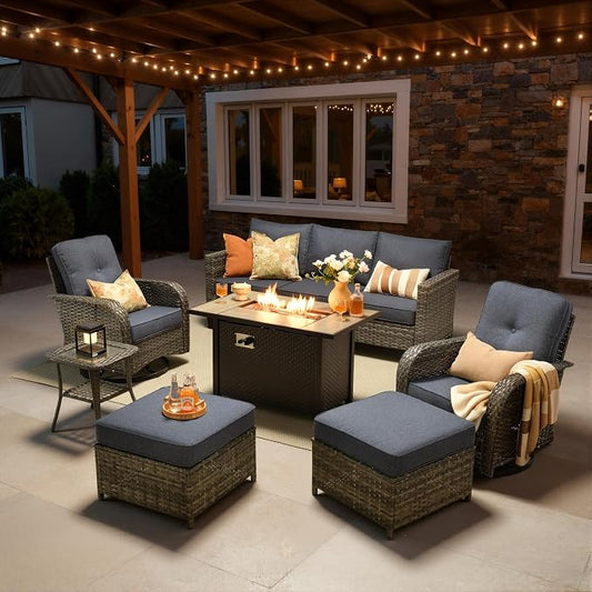 7 Piece Patio Furniture Set with Firepit Swivel Chair, Denim Blue | High Back Swivel Rocker Chairs, Deep Seat Sofa Ottoman, Fire Pit Table, Outdoor Conversation Sets for Porch Deck Backyard