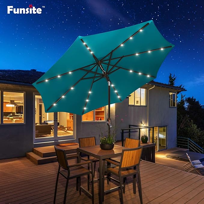 9ft Patio Umbrella with Solar Lights, Outdoor Umbrella with 24 LED Solar Umbrella Lights, Solar Patio Umbrella with Push Botton Tilt & Crank Ideal for Garden, Deck, Backyard & Pool, Teal Green