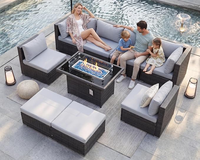 BULEXYARD 9 Pcs Highback Patio Furniture Set with Firepit, High-End Outdoor Sectional Couch with Ottoman 8-Seats, Cozy Comfy Wide Deep Deck Seating Group Conversation, Grey Rattan & Light Gray Cushion