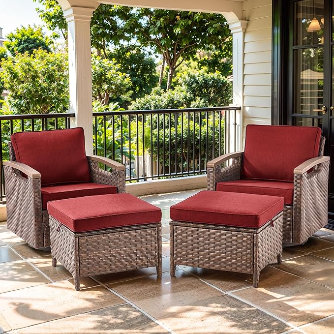 Luxury Outdoor Swivel Rocker Patio Chairs with 2 Ottomans - 4 Piece Heavy Duty Furniture Set All Weather Wicker Conversation Set with Cofort Thick Cushion for Porch Poolside and Deck - Red
