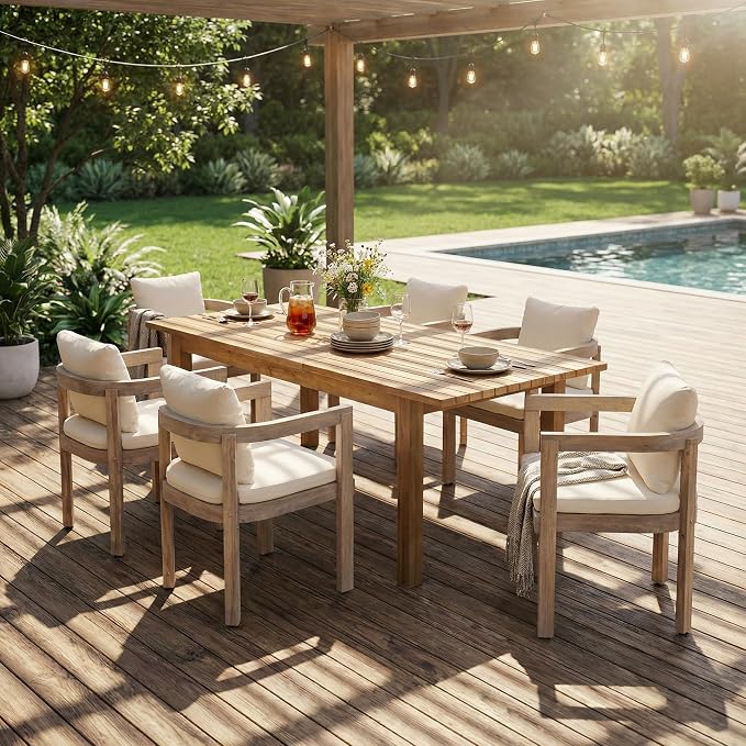 7-Piece Patio Dining Set for 6, Acacia Wood Dinning Set with 67.75''- 87.25" Expandable Table, 6 Chairs and Cushions, All-Weather Outdoor Conversation Set for Garden Backyard (Teak+Grey Chairs)